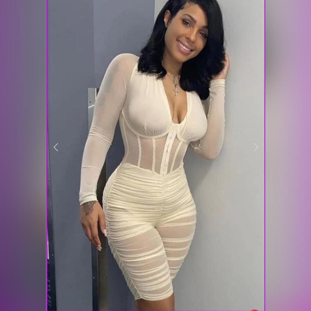 Ivory Mesh Ruched Corset Romper - Picture 2 of 5